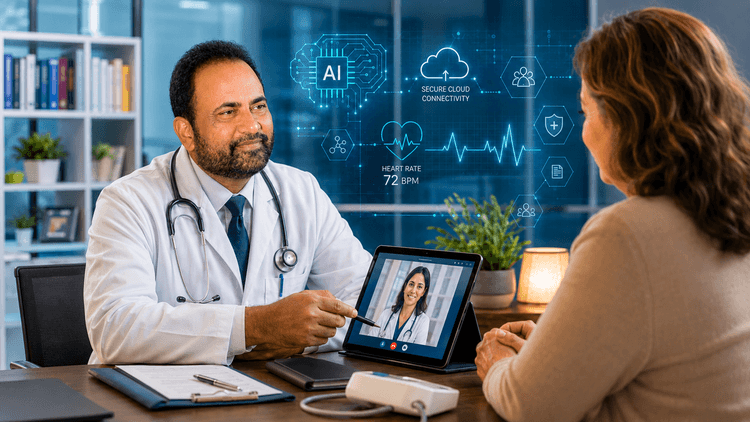 Dr. Vijay Kumar interacting compassionately with a patient while digital healthcare technologies, artificial intelligence, and medical innovation symbols appear in the background, representing the balance between technology and human-centered care.